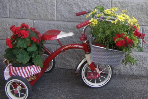 14 Sensational Tricycle Planter Ideas - Garden Lovers Club Bicycle Wreath, Bike Planter, Farm Wagons, Bike Baskets, Wooden Bicycle, Bicycle Decor, Memory Crafts, Radio Flyer, Garden Whimsy