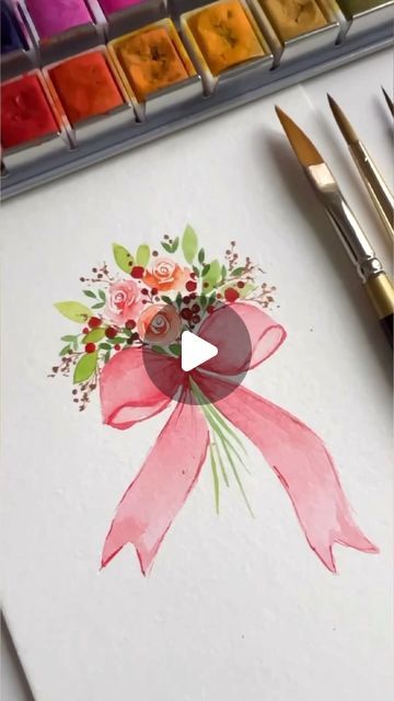 How To Paint A Bow, Spring Watercolors, Bow Painting, Xmas Watercolor, Bow Watercolor, How To Watercolor, Watercolor Bow, Loose Watercolor Paintings, Bow Art