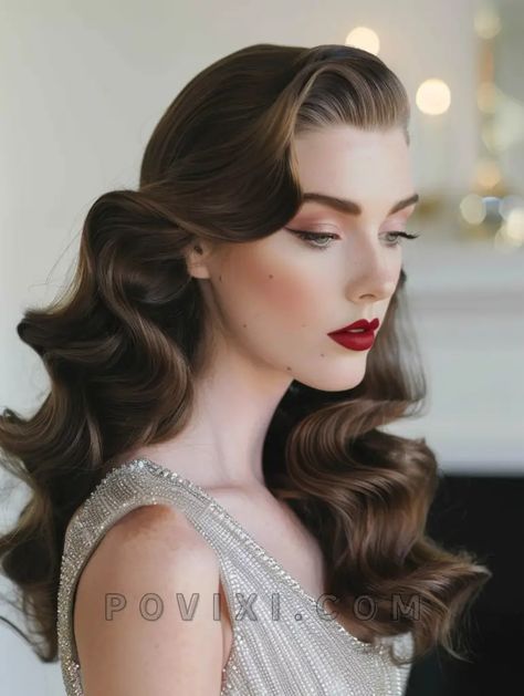 Hollywood Hairstyles 2024: 33 Vintage and Classic Ideas for Long, Short Hair Updos and More 1920s Wedding Hair Updo, 1920 Bridal Hair, Hollywood Glam Long Hair, Old Hollywood Long Hairstyles, Classic Wavy Hair Vintage Curls, Long Hair Glamour Styles, Hollywood Waves Fine Hair, 60s Glam Hair, Hollywood Glamour Hair Updo