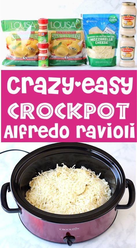 Alfredo Ravioli Recipe! {5 Ingredient Crockpot Dinner} - The Frugal Girls Alfredo Ravioli Recipe, Crockpot Ravioli Casserole, Hamburger Crockpot, Crockpot Alfredo, Easy Alfredo Recipe, Alfredo Ravioli, Slow Cooker Ravioli, Crockpot Ravioli, Easy Alfredo