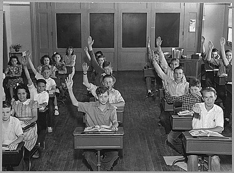 Seventh and eighth grade class in Westley school after lesson in Geography. The children with hands raised are those whose parents came to California since 1930. Nearly 60% of the enrollment of the school were so classified under studies made by the Bureau of Agricultural Economics;  May 9, 1940. Raise Hand, Ultra Seven, History Articles, High School History, School Daze, Eighth Grade, High School Education, Old Magazines, Vintage School