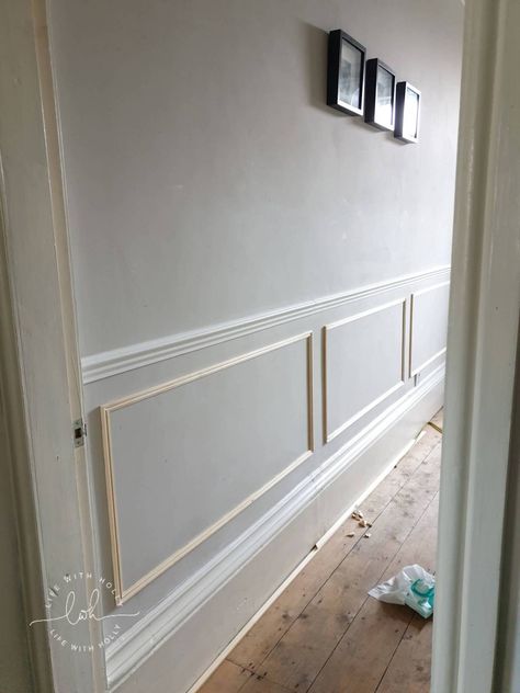 How to Panel a Victorian Hallway (An Easy Tutorial!) - Life with Holly Dado Rail Hallway, Victorian Terrace Hallway, Lambriseringen Gang, Hallway Panelling, Stair Paneling, Wainscoting Wall, Living Room Panelling, Cornforth White, Victorian Hallway