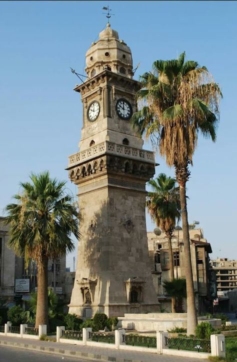 Clock tower Aleppo Aleppo City, Turkey And Syria, Aleppo Soap, Aleppo Syria, India Architecture, Trinidad Carnival, Damascus Syria, Building Photography, Luxor Egypt