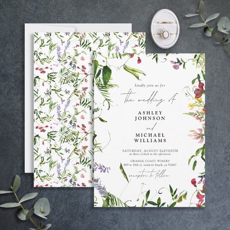 Modern Summer Wildflower Watercolor Wedding Invitation - Green Wedding stationery Summer Wildflower Wedding, Wildflower Watercolor, Berry Wedding, Wildflower Wedding Invitations, Afternoon Wedding, Watercolor Wedding Invitation, Green Wedding Invitations, Wildflower Wedding, Gold Wedding Invitations