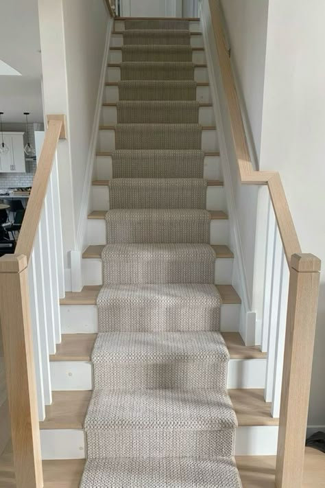 7 Different Types of Stair Railings - Nikki's Plate Bleached Wood Staircase, Light Wood Stairs With White Risers, Oak And White Staircase With Runner, Natural Wood And White Stairs, Stair Runner Carpet On Light Wood, Woven Stair Runner, Light Wood Stairs With Runner, Wood Stairs Runner, Carpet With Light Wood Floors