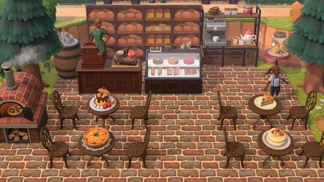 Animal Crossing Outdoor Bakery, Acnh Bakery Designs Outside, Food Court Animal Crossing, Animal Crossing Target Store Design, Outdoor Bakery Acnh, Acnh Outdoor Restaurant Designs, Acnh Outdoor Coffee Shop, Animal Crossing Outdoor Kitchen, Acnh Outdoor Kitchen Ideas