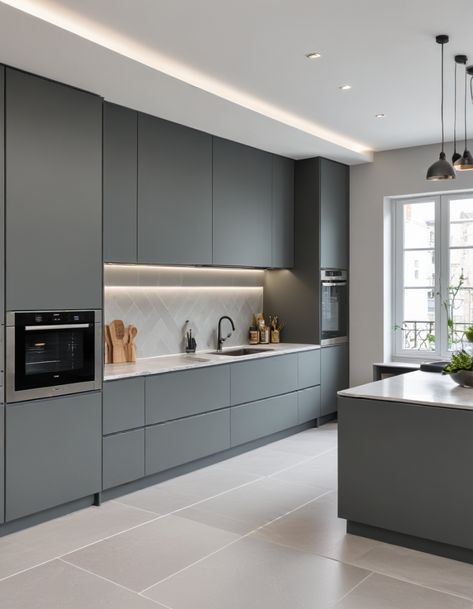 56 Grey Kitchen Ideas To Inspire Your Perfect Culinary Space Modern Gray Kitchen Cabinets, Kitchen Interior Grey Floor, Grey Handleless Kitchen, Light Grey Tiles Kitchen, Kitchen Handleless Cabinet, Kitchen With Grey Flooring, Kitchen Cabinet Inside Design, Italian Penthouse, Grey Kitchen Mood Board