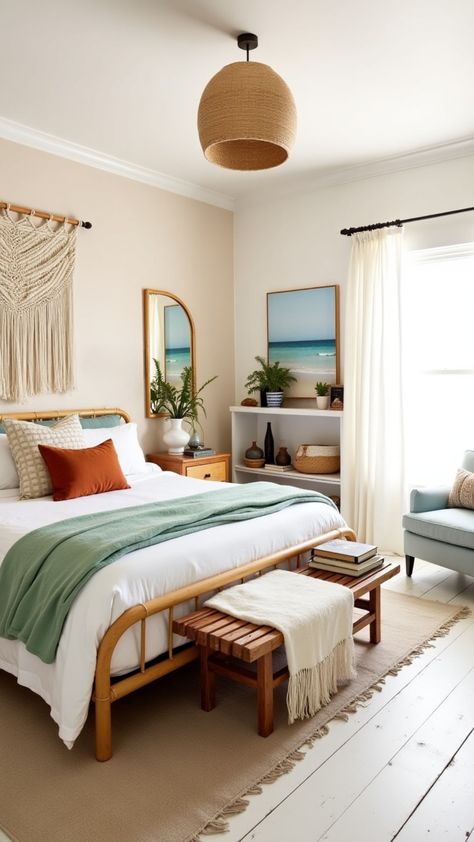 Simplify your style with this Coastal Boho Bedroom! With pops of terracotta and soft aquas, this minimalist design blends beachside vibes with boho layers. Perfect for anyone looking for an effortless yet chic aesthetic.   #MinimalistBedroom #CoastalBoho #BeachHouseDecor" Eclectic Beach Bedroom, California Chic Bedroom, Bali Room Decor, Midcentury Coastal Bedroom, Surf Chic Decor, Beach Home Bedroom Ideas, Costal Cottage Bedroom Idea, Colorful Beachy Bedroom, Coastal Cozy Bedroom