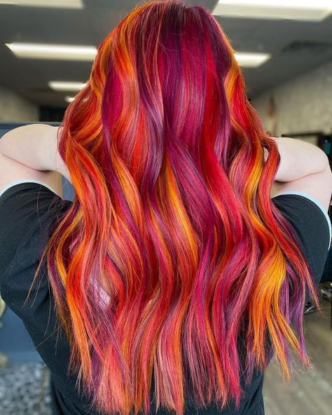 @vividsandbalayage drops the mic with this look #lunartides Sunset Hair Color, Orange Hair Dye, Red Hair With Blonde Highlights, Hair Color Blonde Highlights, Sunset Hair, Hair Styels, Hair Color Orange, Fire Hair, Rainbow Hair Color