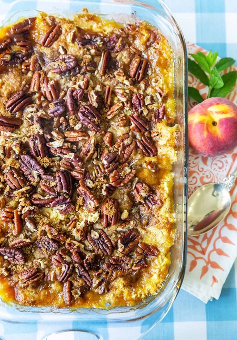 Easiest Peach Dump Cake Recipe Ever (So good!) - Pizzazzerie Pecan Dump Cake, Butter Pecan Cake, Peach Cobbler Dump Cake, Fruit Pies, Peach Dump Cake, Apple Dump Cakes, Peach Dessert Recipes, Peach Desserts, Pecan Topping