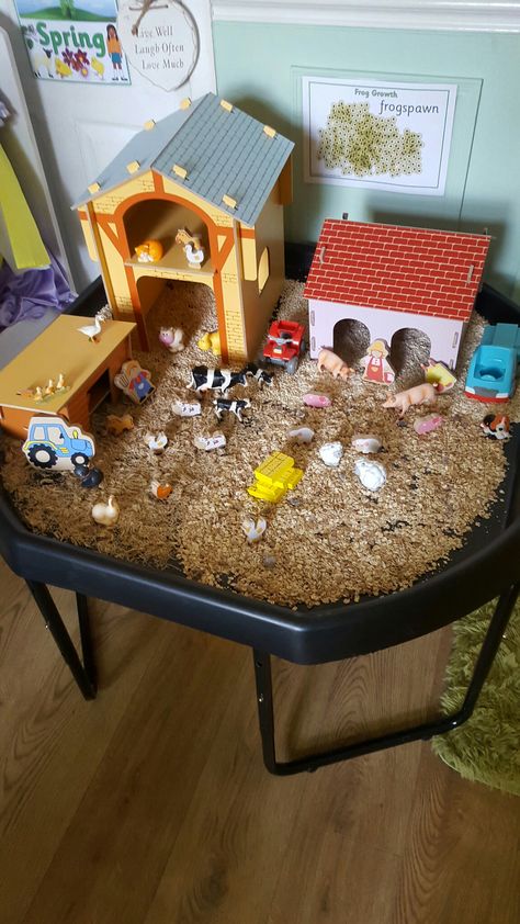 Farm themed tuff tray using pearl barley, muesli, oats and shredded wheat. Preschool Farm, Sensory Tray, Tuff Spot, Farm Preschool, Traditional Tales, Eyfs Activities, Pearl Barley, Children's Activities, Tuff Tray