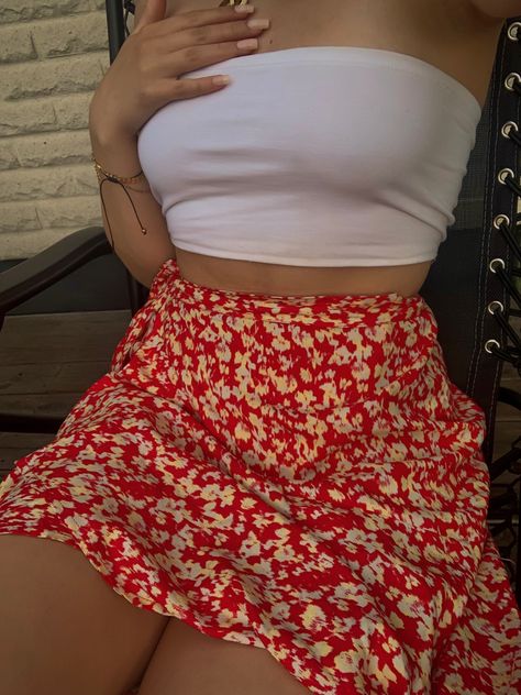 Red skirt | red aesthetic skirt | summer outfit | instagood | aesthetic outfit | soft girl | vintage clothes | aesthetic girl Flower Mini Skirt Outfit, Red Skirt Outfit Aesthetic, Red Outfit Summer, Aesthetic White Top, Cute Simple Dress, Asthetic Stationery, Red Skirt Outfits, Cute Simple Dresses, Christmas Outfits Aesthetic