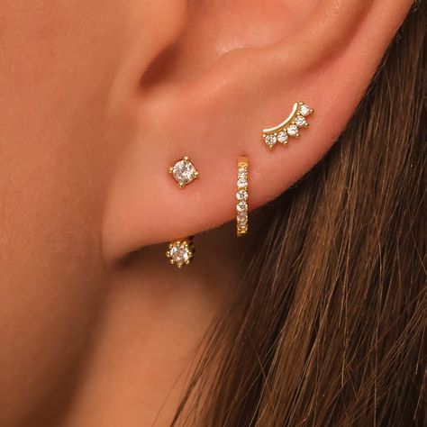 Dainty Earring Gift Set DETAILS: * Sterling Silver & 18K Gold Vermeil (strong plating over sterling silver) * A (front back) - length - 14mm * B (pave hoop) - inner diameter - 7mm * C (curved stud) - 6.5mm with butterfly backings * Nickel and lead free * Waterproof  * Tarnish resistant  * Hypoallergenic  * Lightweight * Can be worn 24/7 Each design sold in pair (2 earrings) All earrings: https://www.etsy.com/shop/KaterynasJewelry?search_query=earrings Styling 3 Ear Piercings, Several Ear Piercings, Dainty Earrings For Multiple Piercing, Dainty Ear Curation, Third Ear Piercing, Dainty Silver Earring Stack, Silver Earring Stacks, Earring Sets For Multiple Piercings Gold, Dainty Ear Piercings