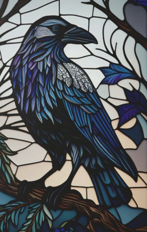 White Raven Art, Crow Coloring Page, Stained Glass Crow, Raven Stained Glass Art, Raven Pattern, Crow Mosaic, Raven Cross Stitch Pattern, Raven Mosaic, Raven Collage