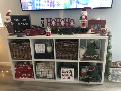 Kallax Christmas Decor, Ikea Kallax Christmas Decor, Cube Shelf Tv Stand, Cubby Tv Stand, Tv Stand Christmas Decor, Christmas Entryway, Tv Stand Decor, Kids Closet, Entryway Table Decor