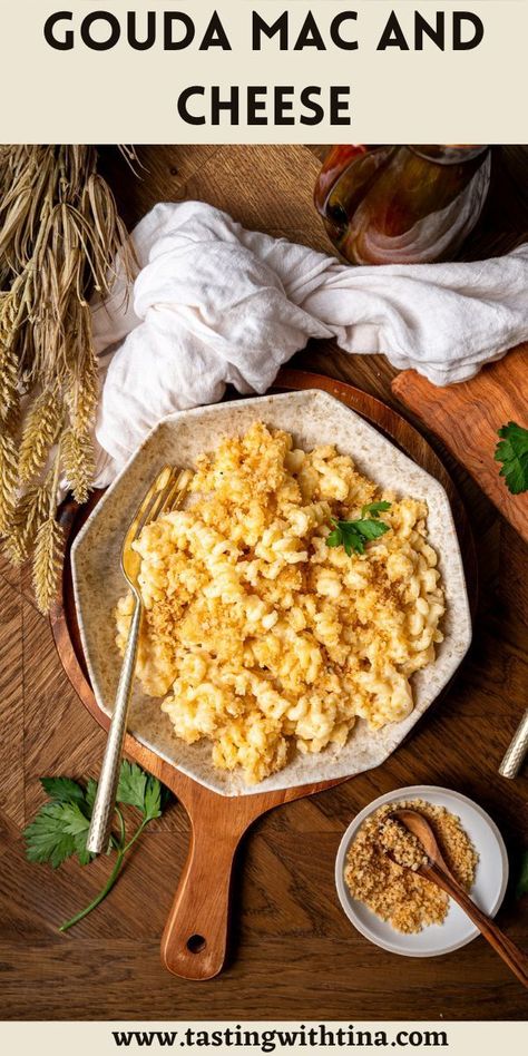 This comforting recipe for Gouda Mac and Cheese is a delicious and cheesy pasta dish. Made with a combination of cheddar cheese and gouda cheese for a velvety sauce and topped with golden brown breadcrumbs for the best crunchy texture. You are going to love this recipe! Smoked Gouda Mac And Cheese, Gouda Mac And Cheese, Cozy Winter Recipes, Delicious Pasta Recipes, Creamy Macaroni And Cheese, Best Mac And Cheese, Recipes For The Whole Family, Gouda Cheese, Smoked Gouda