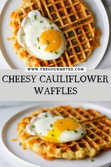 Two pictures of cauliflower waffles with a fried egg on top. Breakfast With Cauliflower, Cauliflower Rice Waffles, Cauliflower Waffles, Waffle Recipe Healthy, Cheese Waffles, Waffle Iron Recipes, Savory Waffles, Savory Cheese, Cheesy Cauliflower