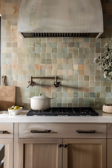 Terracotta Backsplash Kitchen, White Stone Backsplash, Light Oak Cabinets, White Marble Backsplash, Kitchen Light Fixtures, Patterned Tile Backsplash, Colorful Backsplash, White Tile Backsplash, Kitchen Backsplash Ideas