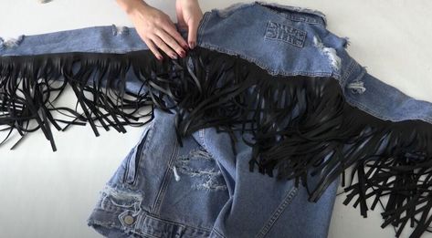 Learn how to revamp a denim jacket with a rocking leather fringe and studs. This fashion transformation is one for the books! How To Sew Fringe On Jacket, Diy Fringe Denim Jacket, Blazer Upcycle, Refurbished Clothes, Fashion Transformation, Diy Lace Up, How To Make Leather, Hippie Jacket, Diy Denim Jacket