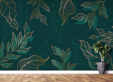 Emerald Green And Gold Bedroom Wallpaper, Emerald Green White And Gold Wallpaper, Emerald Gold Green Wallpaper, Emerald Green Stick On Wallpaper, Forest Green Office With Gold, Emerald Green And Gold Beauty Room, Leaf Wall Design, Tropical Colonial, Leaf Wall Decor