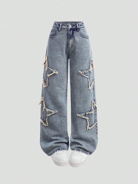 Baggy Star Jeans, Coquette Bottoms, Star Jeans Outfit, Cute Clothes Aesthetic, Patches On Jeans, Aesthetic Pants, Jeans With Patches, Shein Clothes