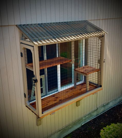 Cat Outdoor Window Enclosure, Out The Window Catio, Cat Window Enclosure, Catio Window Attachment, Window Catio Ideas For Cats Outdoor, Catio Ideas Cat Window, Cat Inclosers Outside, Window Catio Diy, Outside Cat Enclosure Diy Window