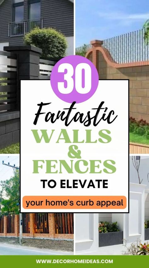 Exterior Fence Wall Design Modern, Front Fence Wall Design Ideas, House Fencing Ideas Modern, Fences Ideas Front Yard, Front Yard Wall Design, Decorative Front Yard Fence, Front Yard Fences And Gates Curb Appeal, Residential Fence Ideas, Exterior Fence Wall Design