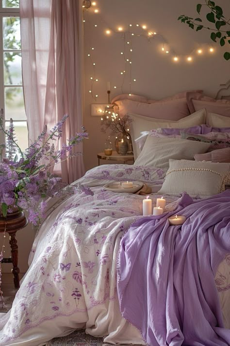 Pink And Lavender Bedroom, Lavender Bedrooms, Lavender Boho Bedroom, Dreamy Room Decor, Aurora Bedroom, Country Room, Lavender Bedroom, Lavender Room, Lavender Decor