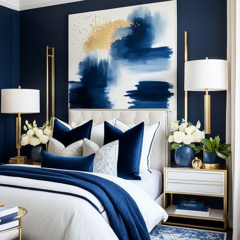 Dark Blue White And Gold Bedroom, Blue Gold Bedroom Ideas, Navy White And Gold Bedroom, Royal Blue Bedroom Decor, Blue Theme Bedroom Ideas, Navy And White Bedroom Ideas, Blue Gold Bedroom, Navy Blue And Gold Wallpaper Bedroom, Navy Blue Aesthetic Bed