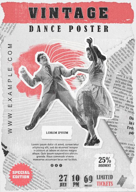 Vintage collage art dance poster Dance Show Poster Design, Vintage Dance Poster, Dance Event Poster Design, Dance Event Poster Background, Art Festival Poster, Vintage Collage Art, The Dance Magazine Vintage, Dance Poster, Tree Saw