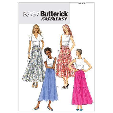 Misses Skirt Butterick Pattern 5757. Easy Sew Skirt, Three Tier Skirt, Tiered Skirt Pattern, Maxi Skirt Pattern, Skirt Patterns, Tiered Skirts, Butterick Pattern, Modest Skirts, Butterick Sewing Pattern