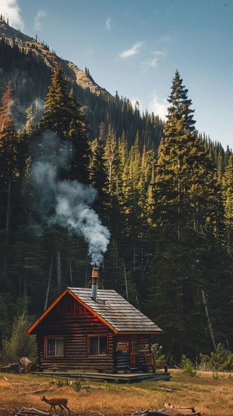 Cozy wooden cabin in the forest with smoke coming out of the chimney, surrounded by pine trees and a deer grazing in front. Ideal mountain retreat for relaxation and seclusion. Cabin In The Forest, Cozy Cabin In The Woods, Woodland Retreat, Forest Retreat, Mountains Aesthetic, Cabin Aesthetic, Wooden Cabin, Cabin Retreat, Cabin In The Mountains