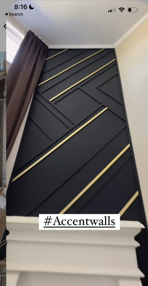 Gold And Black Wall Decor, Black Accent Wall Staircase, Black And Gold Accent Wall, Shop Ideas Design, Modern Tile Backsplash, Black Accent Wall, Gold Accent Wall, Black Feature Wall, Black Accent Walls