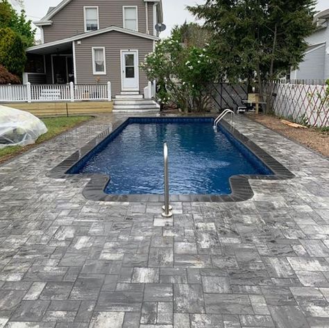 Pool Liner Renovations: Before and After | Latham Pool Pool Liner Colors, Pool Remodel Before And After, Gray Pool Liner, Grey Pool Liner, Inground Pool Liners Pictures, Eclipse Amber Pool Liner, Inground Pool Coping, Latham Pool Liners Inground, Latham Stardust Gray Pool Liner