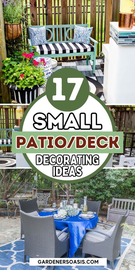 Small Patio Decorating Ideas That Will Turn Your Deck Into An Outdoor Oasis | Gardens Small Deck Inspiration, Small Decks And Patios, Mini Patio Ideas, Condo Patio Ideas, Tiny Patio Ideas, Small Deck Furniture Layout, Tiny Deck, Small Patio Decorating Ideas, Kleiner Pool Design