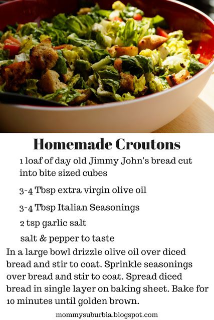 Homemade croutons for a caesar salad are amazing!! These are crunchy and flavorful. 10 Awesome Recipes for Day Old Jimmy John's Bread. mommysuburbia.blogspot.com Copycat Jimmy Johns, Jimmy Johns Bread, Crouton Recipe, Crouton Recipes, Homeschool Advice, Classic Caesar Salad, Jimmy Johns, Howard Johnson's, Meals To Cook