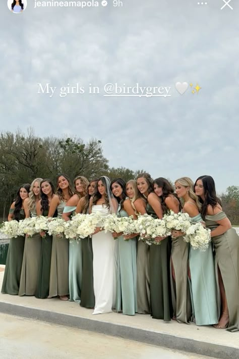 Green Dresses For Bridesmaid, Wedding Maid Of Honor Dresses Green, Green Themed Wedding Bridesmaid Dress, Different Green Shades Bridesmaid Dresses, Different Sage Green Bridesmaid Dresses, Different Shades Of Sage Bridesmaids, Green Dress Code Wedding, Green Scheme Wedding, Bridesmaids Dresses Green Mismatched