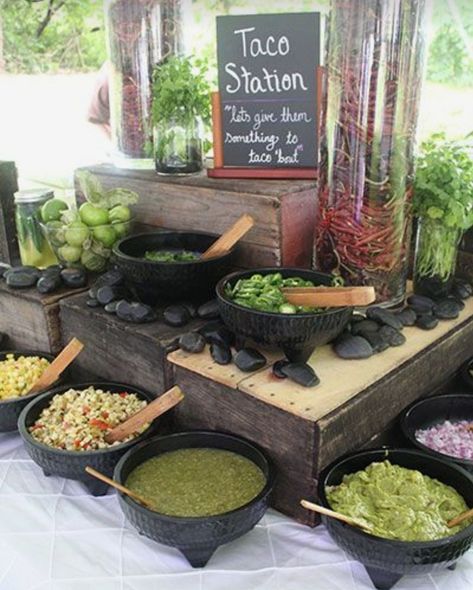 Taco Catering Ideas, Taco Party Table Display, Build Your Own Taco Bar Wedding, Tacos Set Up, Tacos Wedding Buffet, Mexican Food Stations Wedding Reception, Mexican Grazing Table Wedding, Catering Display Mexican Food, Wedding Elote Bar