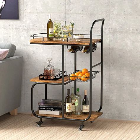 Amazon.com - Davcreator Bar Cart for Home, Liquor Beverage Serving Cart for Living Room, Modern Kitchen Cocktail Cart with Wheels and Basket, 3 Tier Industrial Kitchen Rolling Bar Carts - Bar & Serving Carts Wine Bar Cart, Industrial Bar Cart, Cocktails Cart, Bar Serving Cart, Metal Bar Cart, Rolling Bar Cart, Rolling Kitchen Cart, Serving Trolley, Bar Cart Styling