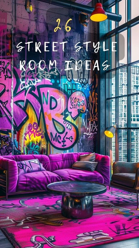 Street Art Home Decor, Street Style Decor, Pop Art Decor Interior Design, Minimal Interior Design Living Room, Street Art Bedroom, Street Style Living Room, Street Style Bedroom, Urban Loft Apartment, Futuristic Decoration