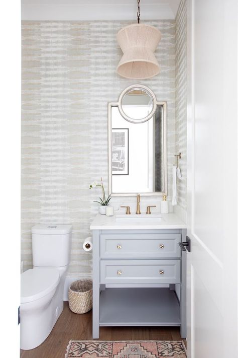 Powder Bathrooms, Megan Molten, Rebecca Atwood Wallpaper, Natural Wood Dining Table, Bedroom Nook, Wallpaper Ceiling, Powder Room Design, Powder Bath, Phalaenopsis Orchid