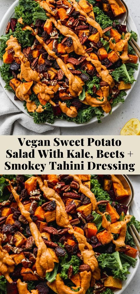 This vegan roasted sweet potato salad is made with kale, beets, and a smoked paprika-tahini dressing. It’s super hearty, nourishing, and easy to make. Can be enjoyed warm or cold. Sweet Potato Salad Cold, Vegan Roasted Sweet Potato, Kale Sweet Potato Salad, Roasted Sweet Potato Salad, Sweet Potato Salad Recipe, Winter Salad Recipes, Sweet Potato Salad, Sweet Potato Kale, Roasted Sweet Potato