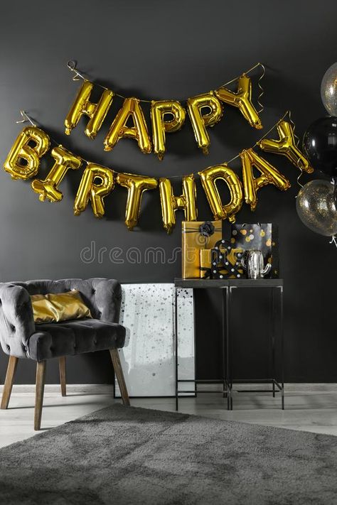 Photo about Room interior with gift boxes and phrase HAPPY BIRTHDAY made of golden balloon letters. Image of birthday, gift, balloons - 152879809 Background Photo Editing, Balloon Letters, Birthday Background Images, Blurred Background Photography, Desktop Background Pictures, Blur Background Photography, Png Background, Happy Birthday Photos, Pink Background Images