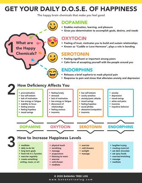 How to Get Your Daily DOSE of Happiness — Banana Tree Log Happiness Chemicals, L Tyrosine, Happy Hormones, Physical Pain, Therapy Worksheets, Mental And Emotional Health, Self Care Activities, Social Emotional, Self Improvement Tips