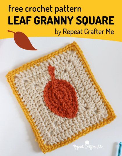 Free+Crochet+Pattern+Leaf+Granny+Square Crochet Leaf Patterns, Granny Square Crochet Patterns Free, Crochet Gloves Pattern, Fall Crochet Patterns, Crochet Leaves, Crochet Fall, Crochet Pumpkin, Crochet Square Patterns, Granny Squares Pattern