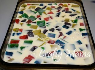 Mosaic Jello Recipe, Mosaic Jello, Broken Glass Jello, Glass Desert, Jello Mold Recipes, Football Treats, Sweetened Condensed Milk Recipes, Jello Flavors, Our Best Bites