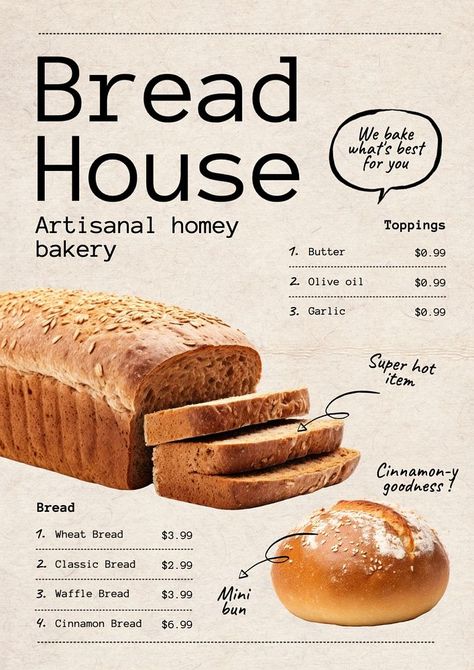 Menu Design Ideas Bakery, Bread Menu Design Ideas, Bread Catalog Design, Bread Bakery Design, Sourdough Menu Design, Bakery Design Graphic, Cake Graphic Design Poster, Bakery Newsletter, Menu Bakery Design