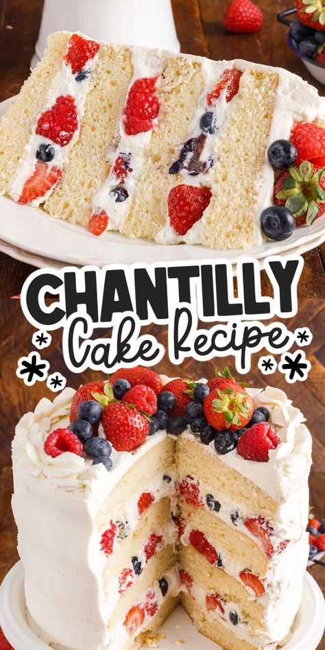 Indulge in dessert with this luxurious Chantilly cake recipe. Moist vanilla cake is layered with a light and airy Chantilly cream and topped with your favorite fresh berries. The combination of rich cake and sweet, whipped cream is a match made in heaven, and the fruit adds a refreshing burst of flavor. Chantilly Cake Recipe, Sultana Cake, Berry Cake Recipe, Cake Recipe Moist, Pumpkin Tart, Berry Chantilly Cake, Chantilly Cake, Fruit Birthday Cake, Bakery Cupcakes