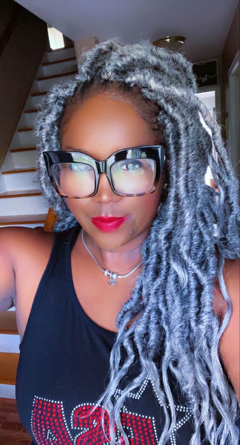 Silver faux locs Gray Faux Locs Black Women, Boho Locs, Dreadlock Hairstyles For Men, Silver Grey Hair, Natural Women, Box Braids Hairstyles For Black Women, African Braids, Braided Hairstyles For Black Women, Dreadlock Hairstyles