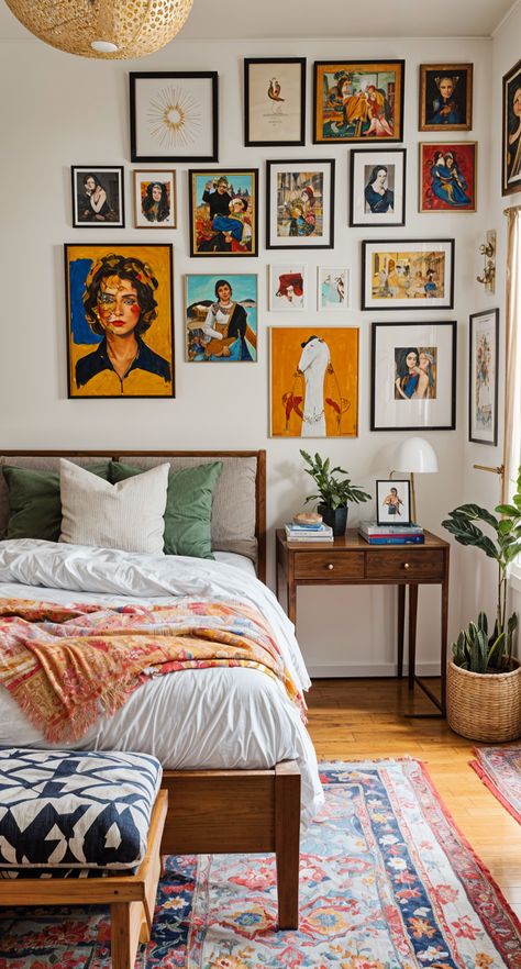 The image showcases a bedroom with a bed, a nightstand, and a collection of eclectic art on the walls. The bed is covered with a colorful blanket, and there are several books placed on the nightstand. The room also features a potted plant and a vase, adding to the eclectic design style of the space. #an #Embracing #Charm #Your #HomeStyle #Transforming #Oasis #Eclectic #Apartment #Eclectic #HomeDecor #HomeDecorating #into Mcm Boho Bedroom Ideas, Studio Apartment Accent Wall, Bedroom Color Schemes White Walls, Picture Frames Over Headboard, Eclectic Mcm Bedroom, Eclectic Minimalist Decor Bedroom, Colorful Vintage Bedroom Ideas, Maximalist Apartment Bedroom, Mid Century Modern Eclectic Bedroom